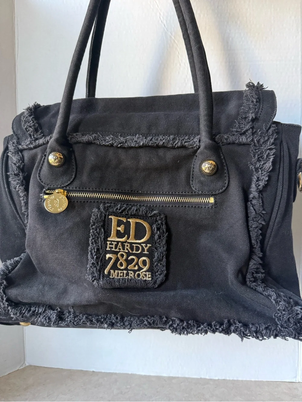 Vintage Y2K Ed Hardy Black Canvas Floral Logo Tote Bag